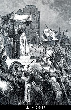 La légende de 1906 se lit comme suit : « PIERRE L'ERMITE PRÊCHANT LA PREMIÈRE CROISADE. – Les croisades ont été lancées par Pierre l'Hermite, un homme Saint qui est revenu de Jérusalem et a parlé à un grand conseil de l'Église qui s'est tenu à Clermont en France, en 1095. Il a parlé des souffrances des chrétiens en Terre Sainte et a exhorté les guerriers à regagner le Sépulcre du Christ des Mahomésiens. « Dieu le veut ! » Pleura le Pape, et toute la multitude fut saisie d’enthousiasme religieux, et s’inscrivit sous la bannière de la croix. » Peter l'Hermit (c. 1050—1115), fondateur ascétique et monastique, considéré comme l'un des Banque D'Images