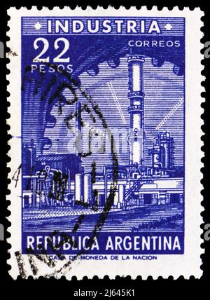 MOSCOU, RUSSIE - 27 MARS 2022: Timbre-poste imprimé en Argentine montre la série Industrie, personnalités et paysages, vers 1964 Banque D'Images