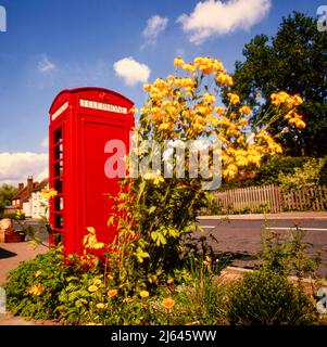 Boîte téléphonique rouge britannique historique avec fleurs jaunes devant et ciel bleu ensoleillé, avec nuages blancs, en arrière-plan, Kent, Angleterre Banque D'Images