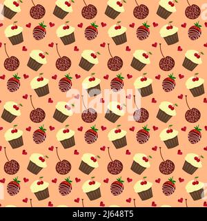 Motif avec cupcake, fraises et cerises au chocolat. Illustration de Vecteur