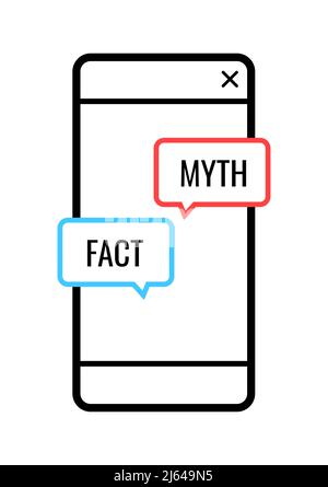 Fait et mythe texte de la bulle de la parole sur l'écran du téléphone. Message sur l'écran du téléphone mobile - appareil numérique. Illustration de Vecteur