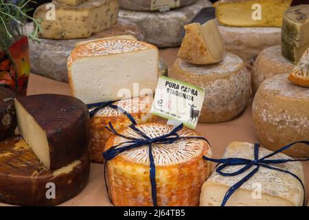 Une variété de fromages sur l'affichage dans un marché à Turin Italie Banque D'Images