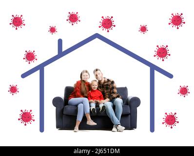 Une famille en bonne santé, une maison attirée et des virus sur fond blanc. Concept d'immunité forte Banque D'Images