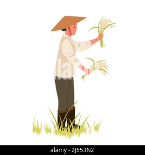Agriculteur rural moissonnant dans des terres de riz Illustration de Vecteur