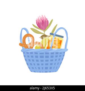 Panier en osier rempli de produits alimentaires Illustration de Vecteur
