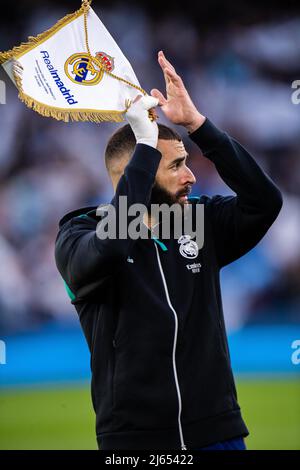 MANCHESTER, ANGLETERRE - AVRIL 26 : Karim Benzema lors de la semi finale de la Ligue des champions de l'UEFA un match entre Manchester City et Real Madrid au stade de la ville de Manchester le 26 avril 2022 à Manchester, Royaume-Uni. (Photo de SF) crédit: Sebo47/Alay Live News Banque D'Images