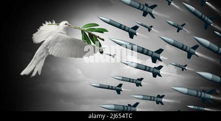 Contre le concept de guerre comme une colombe blanche tenant une branche d'olivier face à un groupe de bombes et de missiles comme symbole d'un accord diplomatique Banque D'Images