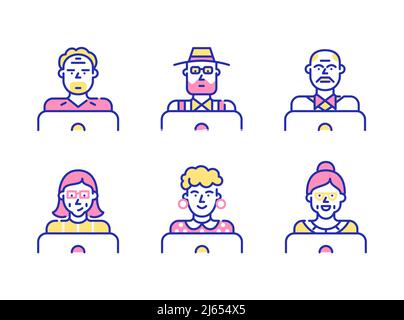 Personnes âgées utilisant un ordinateur portable. Travailler, discuter, apprendre. Ensemble d'icônes de couleur pixels parfaits, modifiables et amusants Illustration de Vecteur