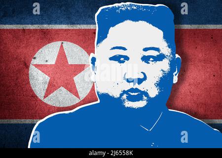 Kim Jong-un et drapeau nord-coréen Banque D'Images