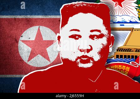 Kim Jong-un, drapeau nord-coréen et emblème national Banque D'Images