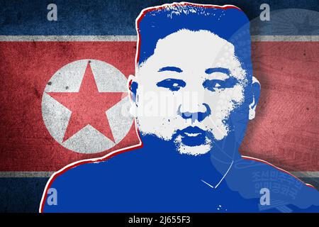 Kim Jong-un, drapeau nord-coréen et emblème national Banque D'Images