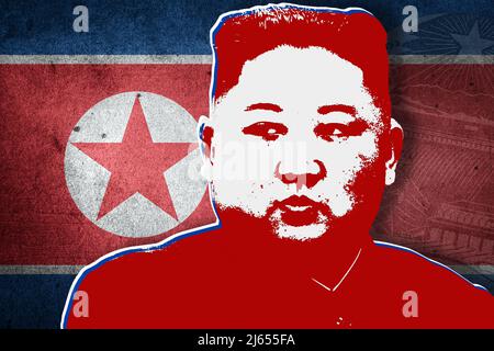 Kim Jong-un, drapeau nord-coréen et emblème national Banque D'Images