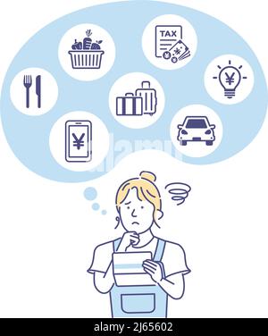Illustration vectorielle d'une jeune femme regardant un livre de banque et préoccupée par l'argent ( inflation ) Illustration de Vecteur
