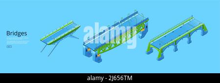 Affiche avec ponts isométriques avec route routière au-dessus de la rivière, de la baie ou du canal. Bannière horizontale vectorielle avec illustration du viaduc, de la passerelle et du pont autoroutier avec feux de rue Illustration de Vecteur