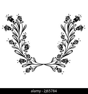 Cadre de clipart monochrome vectoriel avec petites fleurs sur les tiges avec ornements folkloriques. Modèle avec arrangement floral noir avec ornements naïfs. Naturel Illustration de Vecteur