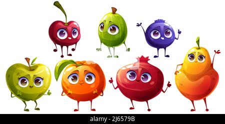 Personnages de fruits et baies animés, cerise fraîche gaie, groseille, myrtille et pomme, mandarine, grenat et poire, menu enfants personnages avec visages souriants et drôles mains Illustration vectorielle Illustration de Vecteur