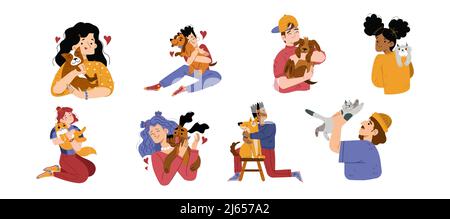 Les propriétaires d'animaux de compagnie embrassent les chiens et les chats. Illustration vectorielle à plat des femmes et des personnages d'homme heureux embrassent avec des animaux domestiques isolés sur fond blanc. Les gens tiennent les animaux avec amour Illustration de Vecteur