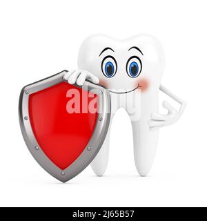 Mascotte de personnage de la personne de la dent blanche avec bouclier de protection en métal rouge sur un fond blanc. 3D rendu Banque D'Images