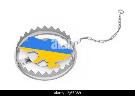 L'agression du concept de l'Ukraine. Carte ukrainienne en couleurs de prises de drapeau ukrainien dans le piège de l'ours en métal sur fond blanc. 3D rendu Banque D'Images