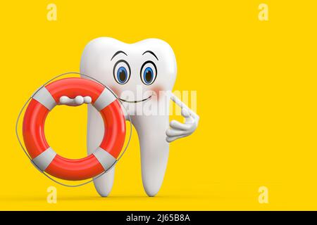 Mascotte de personnage de la personne de la dent blanche avec bouée de vie sur fond jaune. 3D rendu Banque D'Images