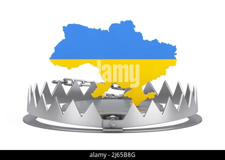 L'agression du concept de l'Ukraine. Carte ukrainienne en couleurs de prises de drapeau ukrainien dans le piège de l'ours en métal sur fond blanc. 3D rendu Banque D'Images