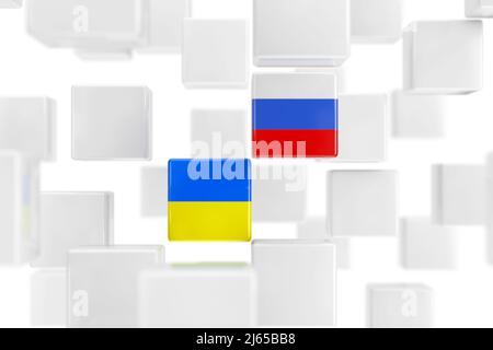 Cubes simples avec drapeaux russes et ukrainiens en pile de nombreux cubes blancs sur fond blanc. 3D rendu Banque D'Images