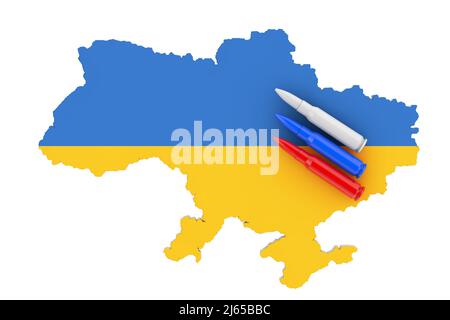 Concept d'agitation de la guerre russe. Fusils automatiques calibre 7,62 mm balle métallique dans les couleurs du drapeau russe sur l'Ukraine carte dans les couleurs du drapeau ukrainien sur Banque D'Images