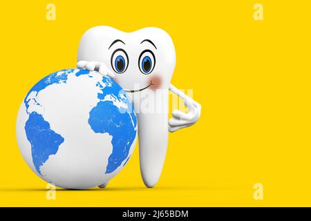 Mascotte de personnage de la personne de la dent blanche avec Earth Globe sur fond jaune. 3D rendu Banque D'Images