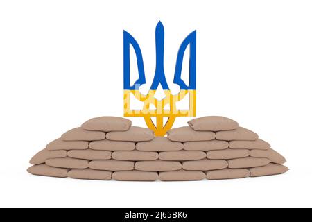 Sac de sable empilé Barricade Shield devant des armoiries avec drapeau de l'Ukraine, emblème national ukrainien jaune et bleu sur fond blanc. 3D R Banque D'Images