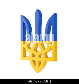 Armoiries avec drapeau de l'Ukraine, emblème national ukrainien, Trident ukrainien jaune et bleu sur fond blanc. 3D rendu Banque D'Images