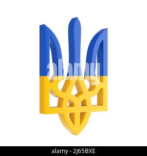 Armoiries avec drapeau de l'Ukraine, emblème national ukrainien, Trident ukrainien jaune et bleu sur fond blanc. 3D rendu Banque D'Images