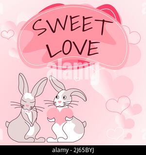 Texte montrant l'inspiration DOUCE AMOUR. Aperçu d'affaires titre pour la personne aimée bonne Saint Valentin lapins avec coeur en forme de cadeaux démontrent Banque D'Images