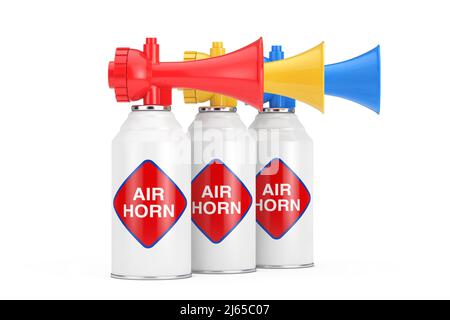 Rangée de corne d'air multicolore sur fond blanc. 3D rendu Banque D'Images