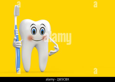 Mascotte de personnage de la personne de la dent blanche avec brosse à dents simple en plastique sur fond jaune. 3D rendu Banque D'Images