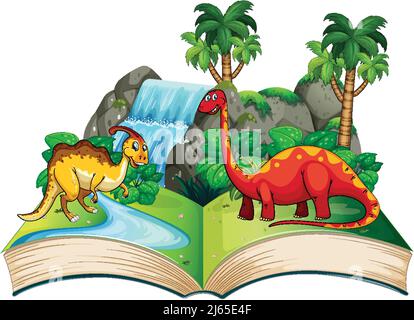 Livre ouvert avec diverses illustrations de dessins animés de dinosaures Illustration de Vecteur