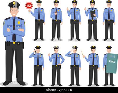 Ensemble de différentes illustrations détaillées de l'officier américain SWAT, policier et shérif debout dans différentes positions dans le style plat sur fond blanc Illustration de Vecteur