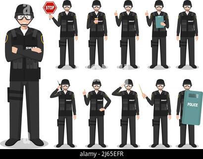 Ensemble de différentes illustrations détaillées de l'officier américain SWAT, policier et shérif debout dans différentes positions dans le style plat sur fond blanc Illustration de Vecteur