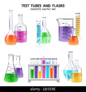 Équipement de verrerie de laboratoire chimique jeu réaliste de flacons de tubes à essai flacons avec réactifs colorés illustration vectorielle isolée Illustration de Vecteur