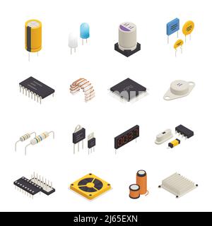 Composants électroniques de dispositifs à semi-conducteurs icônes isométriques ensemble avec photo de signal et illustration du vecteur isolé des diodes de tension transitoire Illustration de Vecteur