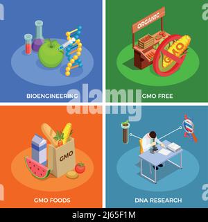 Organismes génétiquement modifiés concept de conception isométrique avec bio-ingénierie, recherche sur l'adn, aliments ogm illustration de vecteur isolé Illustration de Vecteur