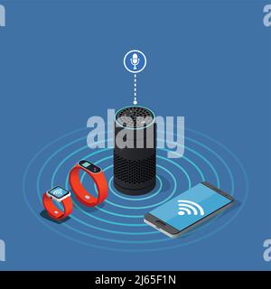 Composition isométrique de l'Internet des objets sur fond bleu avec illustration vectorielle de l'assistant, du smartphone, de la montre et du tracker Illustration de Vecteur