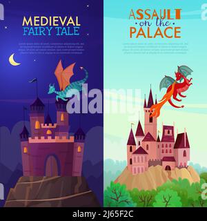 Ensemble de deux bannières verticales dragons de fée avec style de dessin animé images de château mystérieux avec illustration vectorielle de texte Illustration de Vecteur