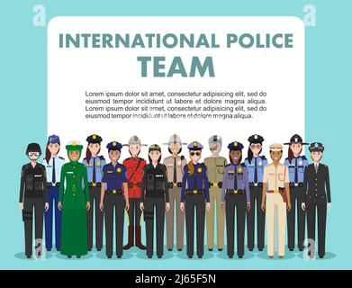 Équipe de police internationale. Illustration détaillée de la police de différents pays dans le style plat sur fond blanc. Illustration de Vecteur