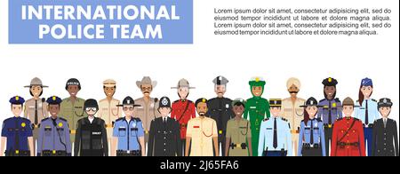 Équipe de police internationale. Illustration détaillée de la police de différents pays dans le style plat sur fond blanc. Illustration de Vecteur