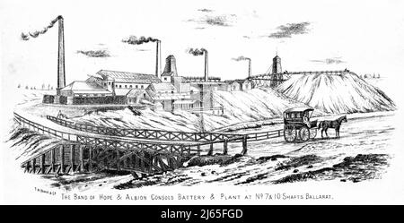 Gravure de la bande de mine d'or Hope et de la batterie et de l'usine albion Consols à Ballarat, Victoria, Australie, 1854 Banque D'Images