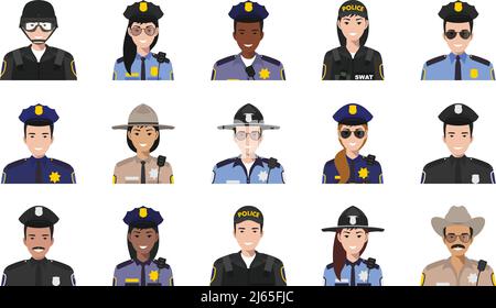 Ensemble d'icônes colorées de police de style plat: shérif, officier de SWAT, policier et policier. Illustration vectorielle. Illustration de Vecteur