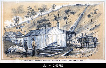 Gravure de la première batterie à quartz à Ballarat, Victoria, Australie, 1855 Banque D'Images