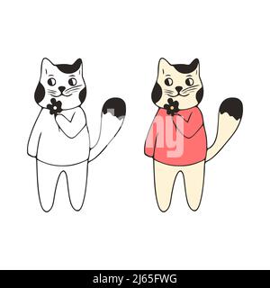 Chat drôle tenant une icône de doodle de fleur. Animaux de compagnie mignons art vectoriel sur fond blanc. Illustration de Vecteur