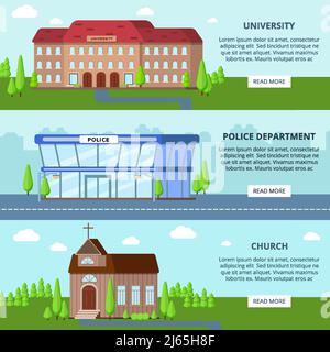 Jeu de trois bannières plates avec bâtiments municipaux avec possibilité de modification texte et illustration du vecteur de bouton lire la suite Illustration de Vecteur