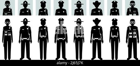 Police concept ensemble de différentes silhouettes et avatars icônes de shérif, SWAT officier, policewoman et policier dans le style plat sur fond blanc. V Illustration de Vecteur